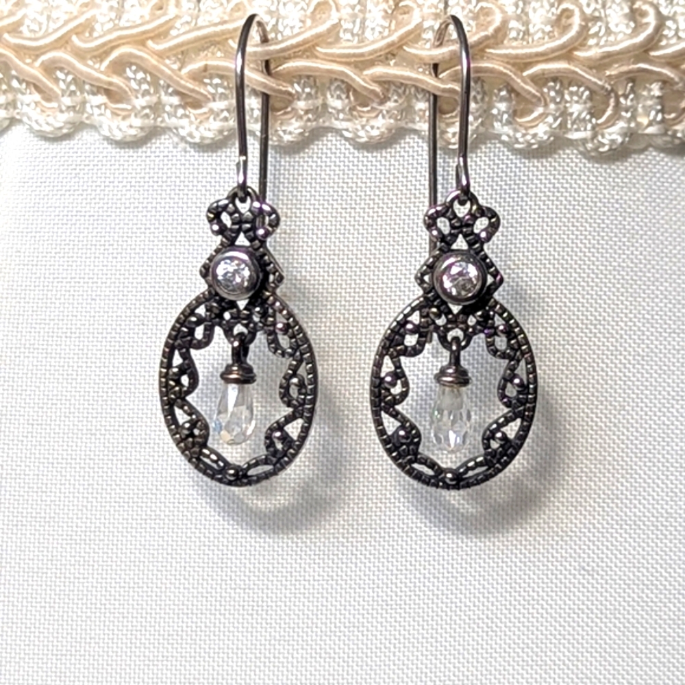 Vintage 925 Sterling Silver, Marcasite Filigree Elegant Silver Drop Earrings